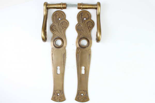 Jugendstil Türdrücker aus massivem Messing patiniert + Langschild BB 72 | Langschild-Höhe: 272 mm Jugendstil Tuerdruecker aus massivem Messing patiniert + Langschild BB 72 Langschild Hoehe 272 mm